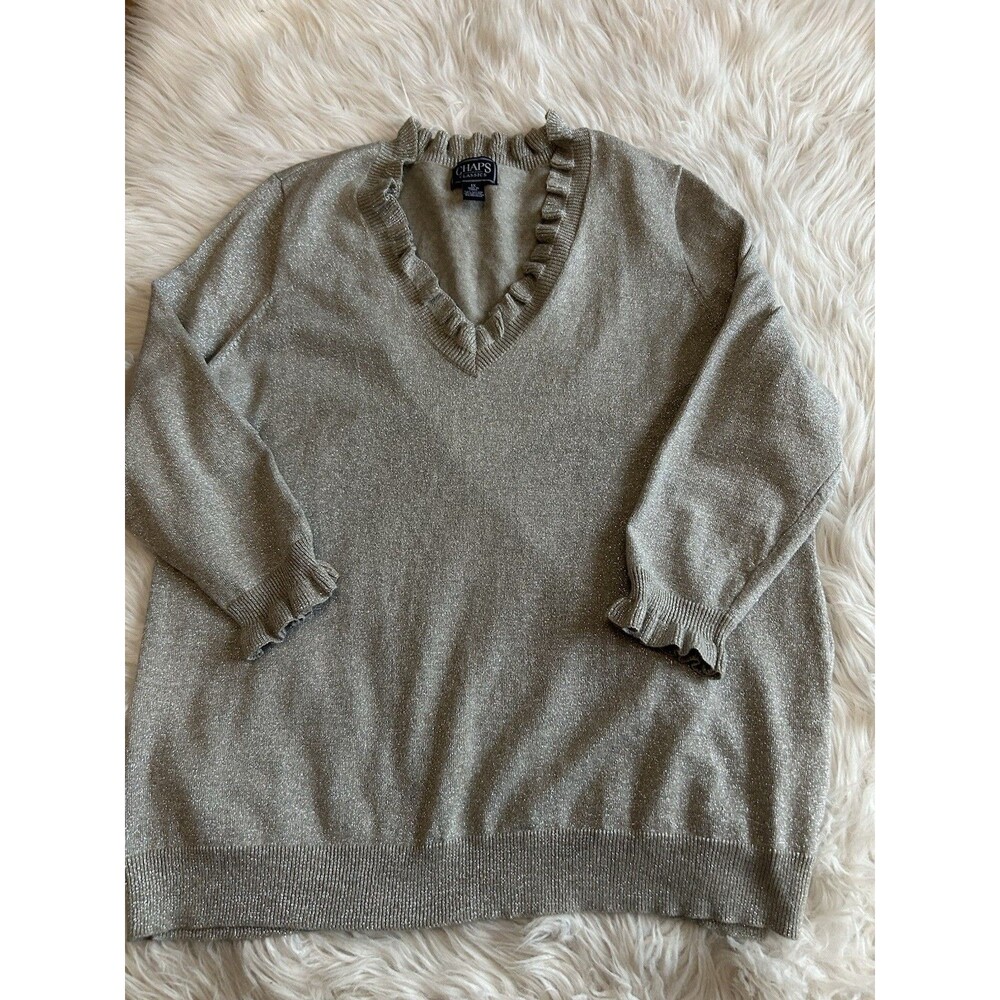 Chaps Classics Women's Plus Size 1X Gray Metallic Ruffle Collar Sweater